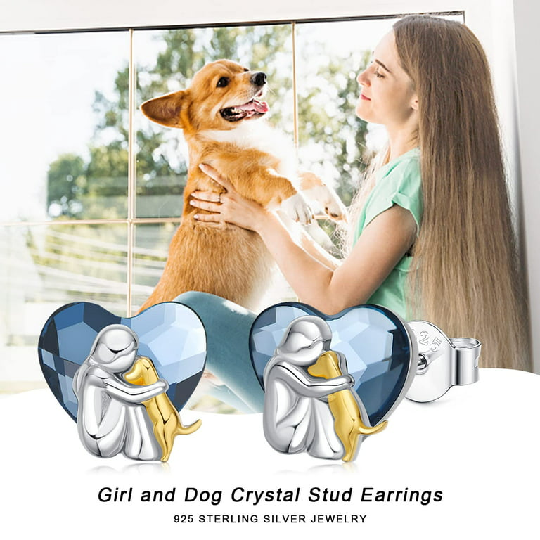Midir&Etain Dog Earrings with A Girl 925 Sterling Silver Cute Animal Dog  Stud Earrings Blue Heart Crystal Women's Dog Jewelry Gifts for Women Girls