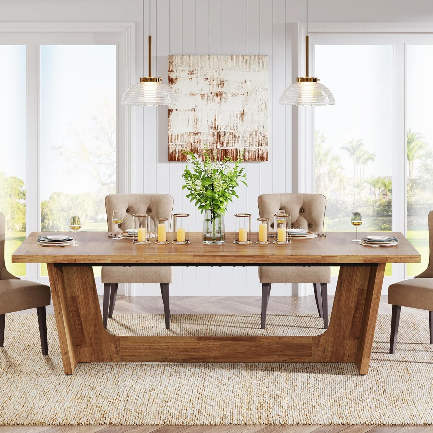 Finmind 70.87-Inch Rectangular Dining Table in Farmhouse Style, Solid Wood, Seats 6-8, Walnut