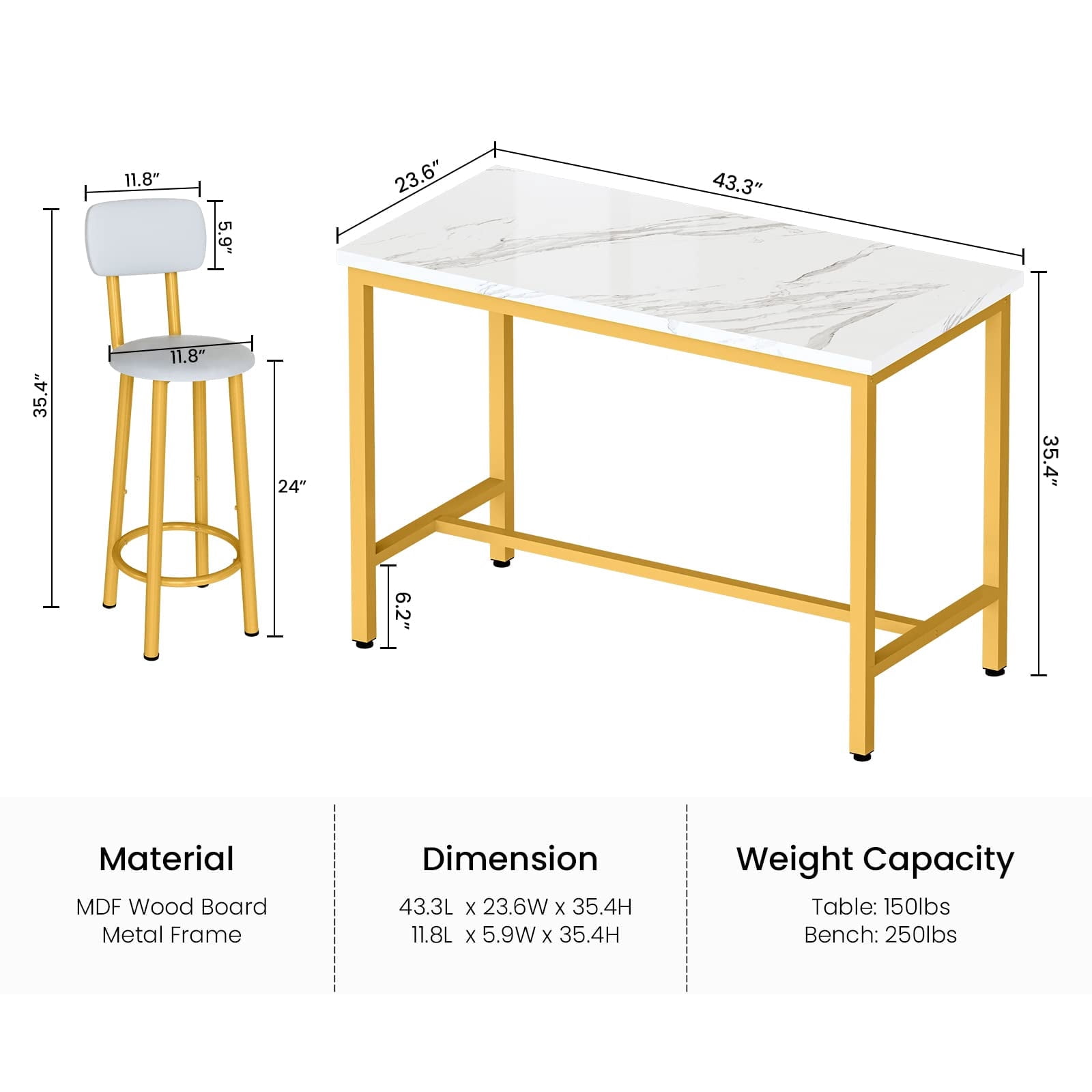 Lamerge Dining table set for 4, faux marble tavern table and chairs set, metal frame dining table with 4 high chairs for, tavern, kitchen, breakfast corner, apartment