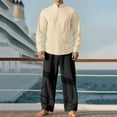 thumbnail image 1 of Ceisia Men's Loose Fit Cotton-Linen Like 2-Piece Set Stand-Up Collar Henley Long Sleeve Shirt with Elastic Waist Wide Leg Pants Gifts, 1 of 6