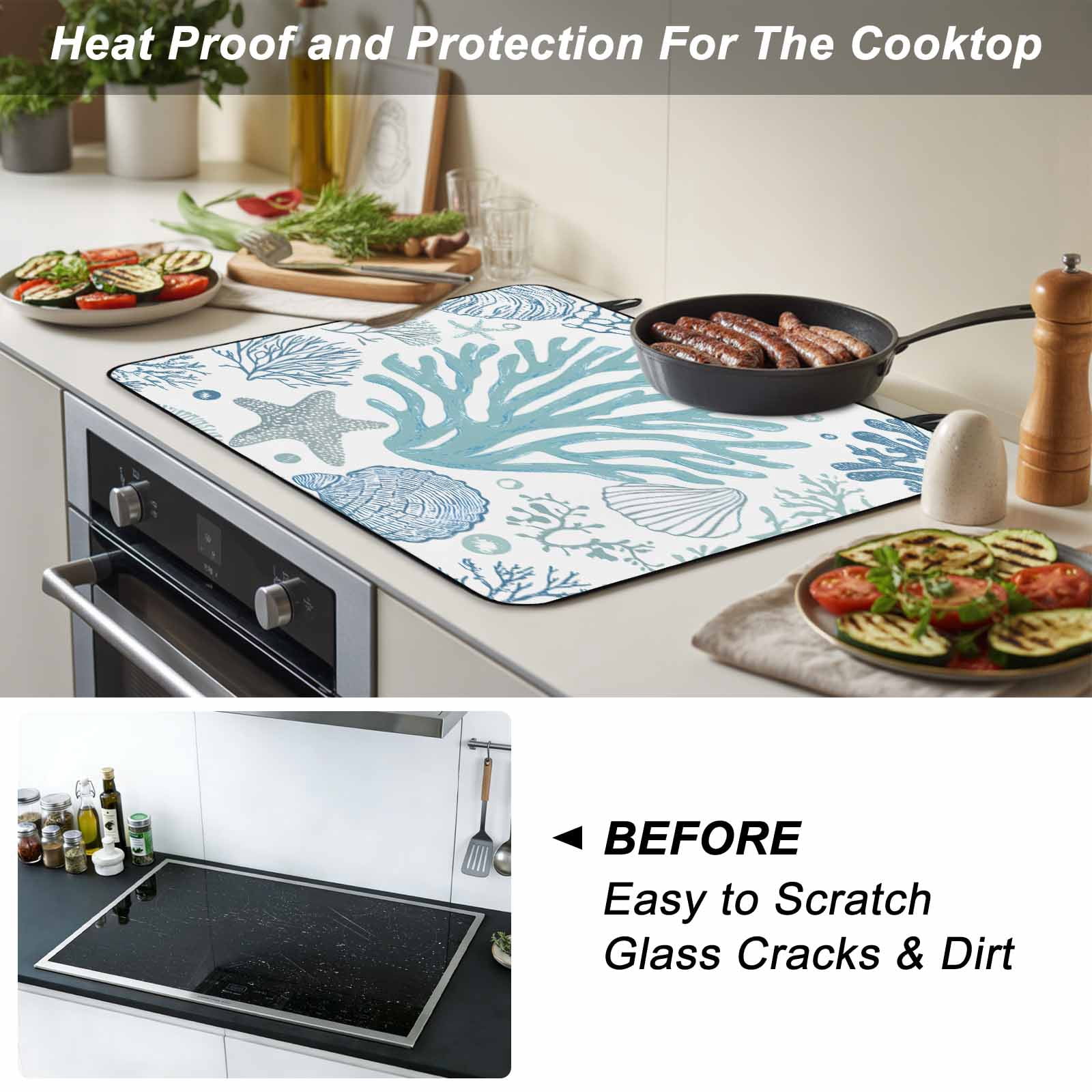 Aqua Coastal Stove Top Cover for Electric Stove, Heat-proof & Non Slip Glass Top Stove Cover Protector, Summer Nautical Starfish Beach Coral Kitchen Flat Cooktop Rubber Mat 24x21 Inches