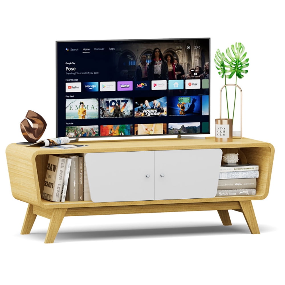 Finihen TV Stand, TV Cabinet, Sliding Door TV Stand with Adjustable Shelf for TVs up to 55 Inch, for Living Room, Bedroom, Natural