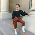 thumbnail image 2 of Zwiiyzr Toddler Baby Girl Two Piece Outfits Knit Bubble Long Sleeve Top Straight Leather Pants Set Warm and Cozy Suit for 1-5 Years Old Black, 2 of 2