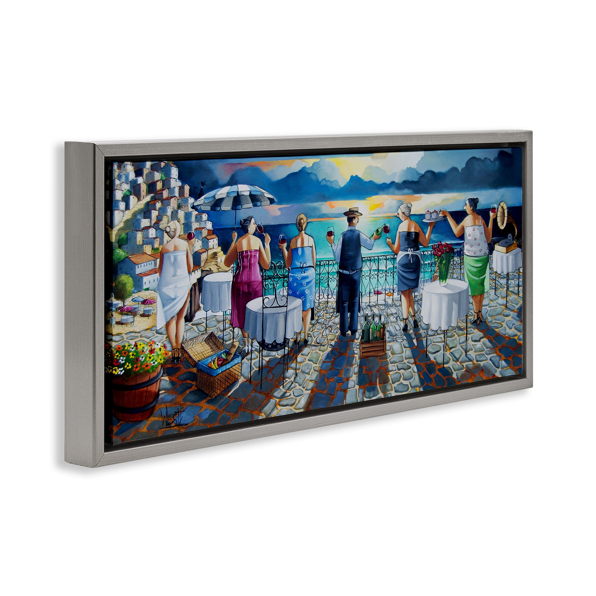 Stupell Industries Villa Sunset View People Painting Gray Floater Framed Canvas Art Print Wall Art, 31 x 14