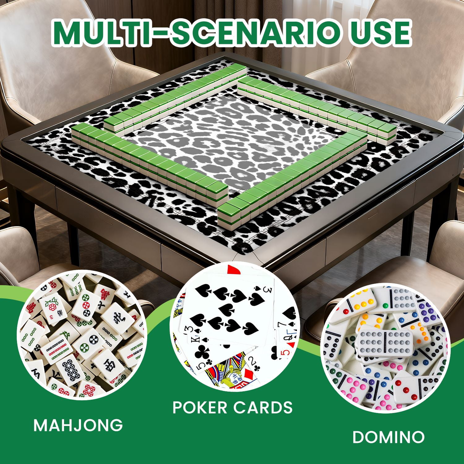 Mahjong Mat 31.5" x 31.5" leopard repeating seamless monochrome black white Non-Slip Noise Reduction American Mahjong Tiles Table Cover for Dominoes Poker Card Board Games Gift