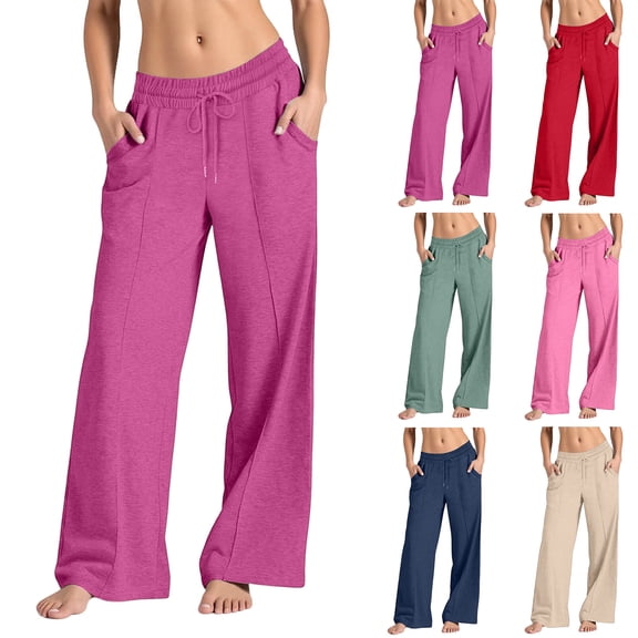 Hueook Wide Leg Pants for Women Baggy Pants Women Fashion Trousers Full Pants Casual Straight Solid Color Loose Casual Wide Leg Pants Red 2X
