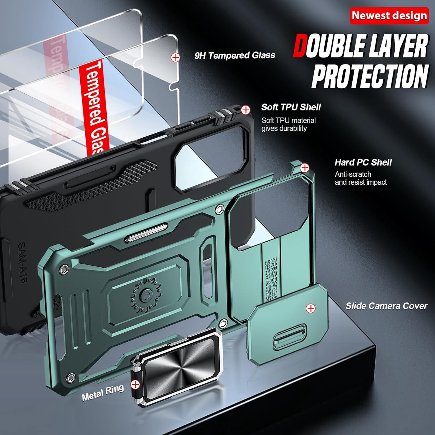 RGHJAR-for Samsung A17/16-5G Phone Case: A17 5G Screen Protector [2 Packs] with Galaxy A16 Case, Magnetic Kickstand, Heavy Duty Shockproof for Celular Android Phone Case A 16/A17 5G, Alpine Green