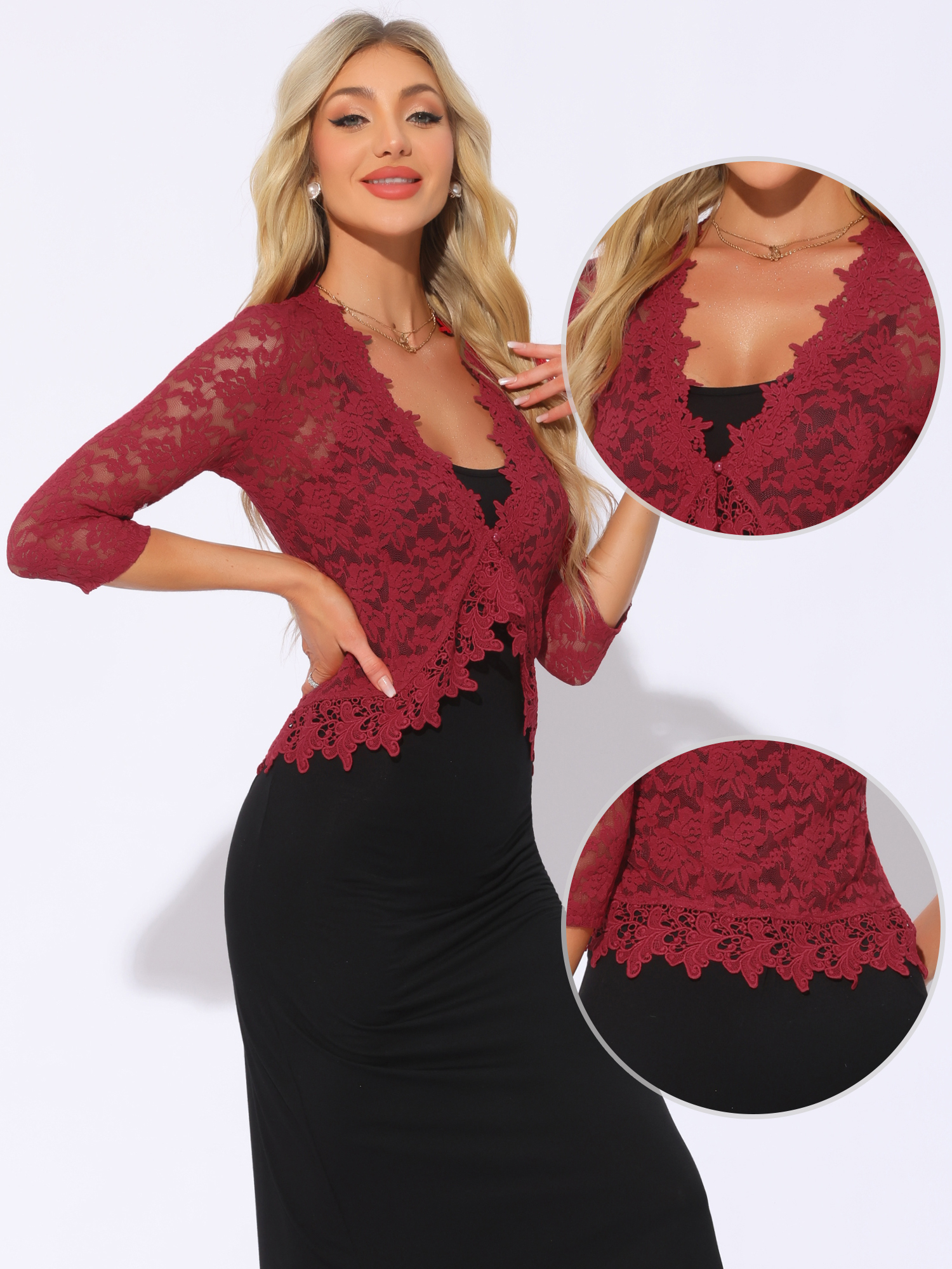 DARING DIVA Women's Floral Lace Shrugs Evening 3/4 Sleeves Formal Bolero Cardigan XL Dark Red