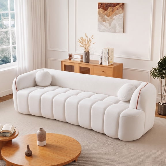 Lunale 98" Curved Bonelessd Sofa, 3-Seater Floor Cloud Couch, No Assembly Required, Modern Corduroy Bubble Sofa for Living Room, Beige