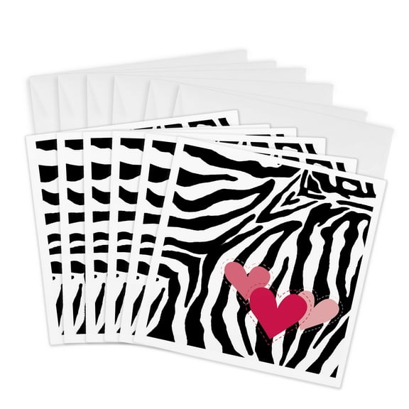 3drose, Pink Hearts Zebra Print, 6 Greeting Cards with Envelopes