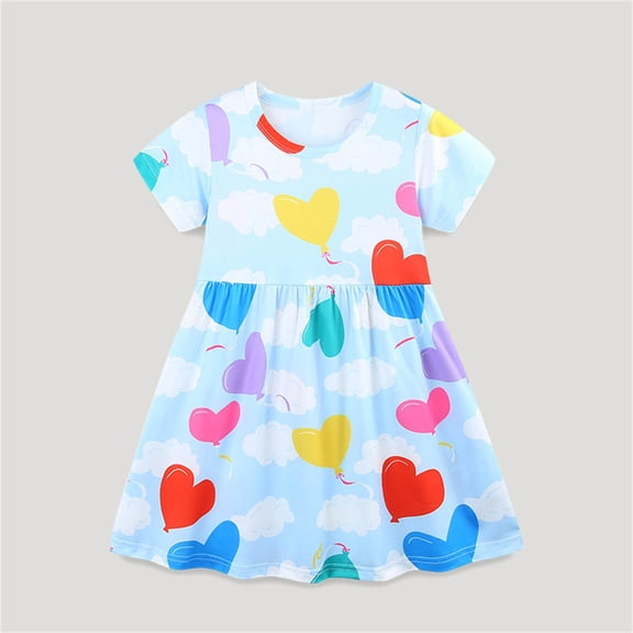 Rvasteizo Tween Dresses Short Sleeve Round Neck Heart Print Casual Outdoor Dress for Girls Aged 3-8Years