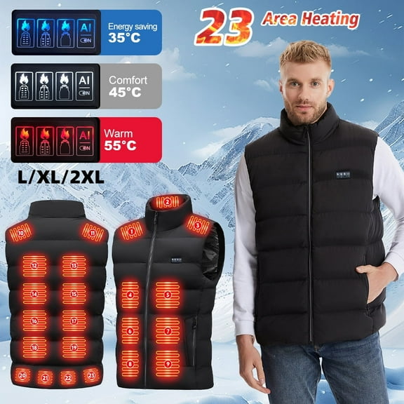 Black 2XL-size -23 heated zone men's and women's smart heating vest, USB electric heating vest, cotton jacket, black, winter warm jacket, outdoor activity heating vest jacket