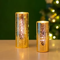 Glasseam Set of 2 Gold Glitter Hurricane Candle Holder: Mercury Glass Cylinders for Pillar Candles Wedding Party Christmas Mantel Dining Table Decor