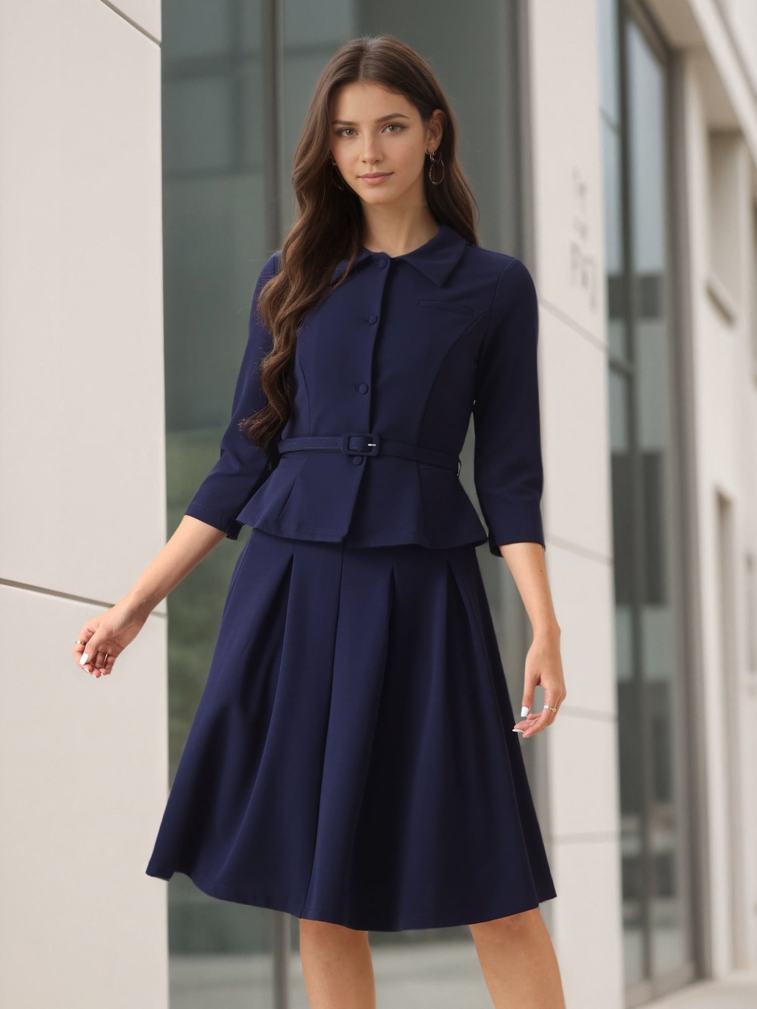 DARING DIVA 2Pcs Women's Office Blazer Jacket Pleated Skirt Suit Set XL Dark Blue