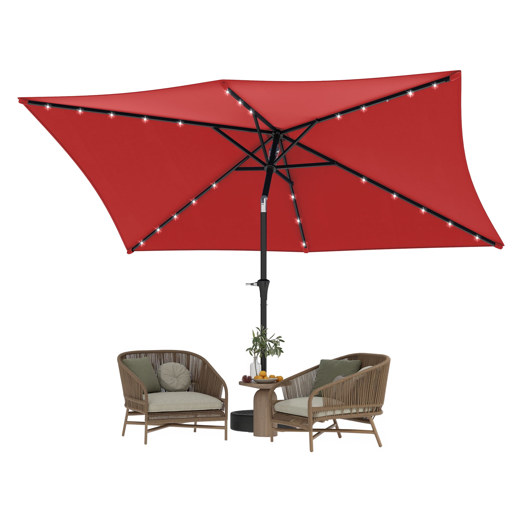 Uforic 6.5' x 10' Patio Umbrellas with 26 LED Lights,Outdoor Portable Shade Market Table Umbrella with Push Button Tilt & Adjust Crank, UV Resistant, Claret-red