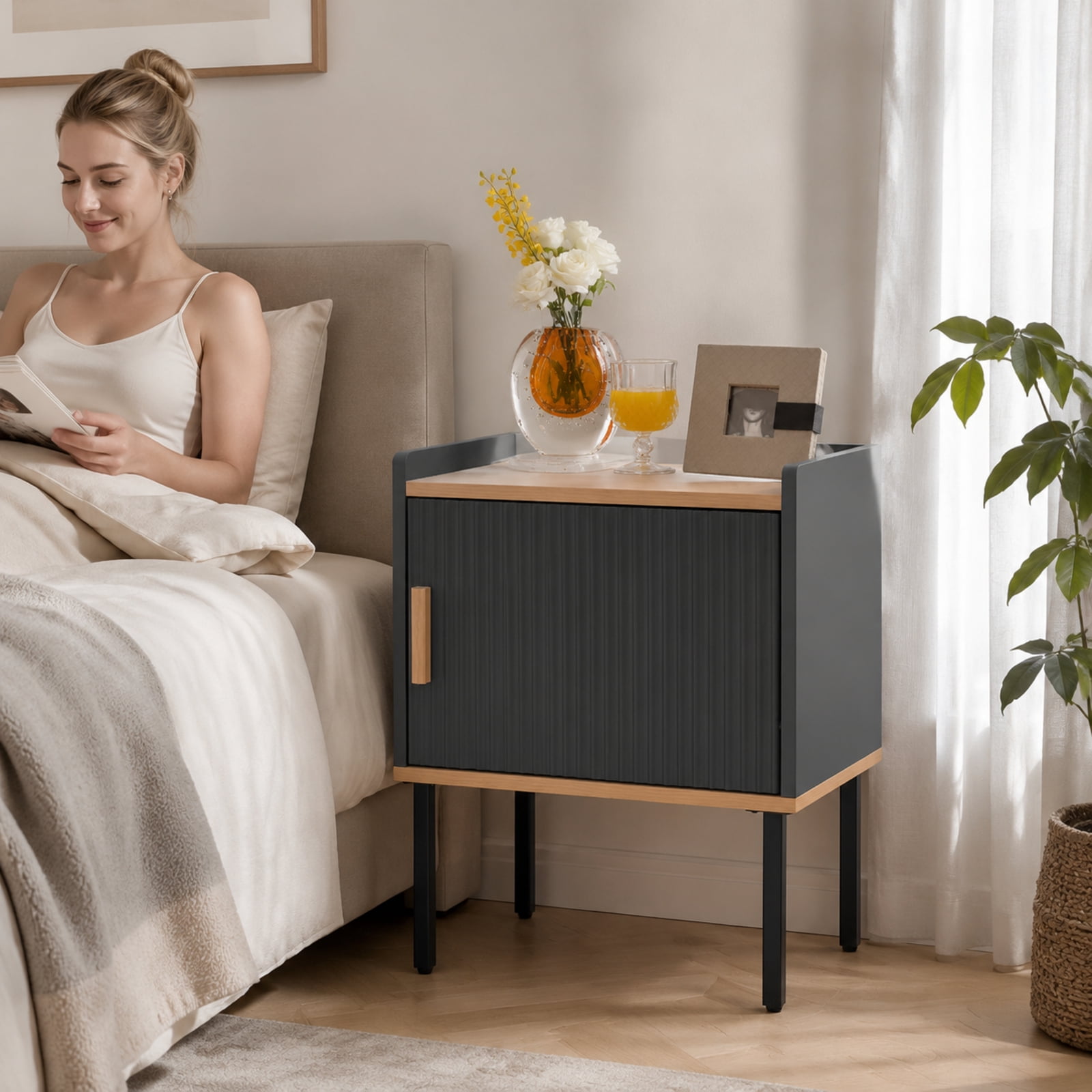 Furnibear Nightstand Bedside End Table with Door Cabinet for Living Room Bedroom for Bedroom Living Room Bedside Sofa Side Small Space, Gray