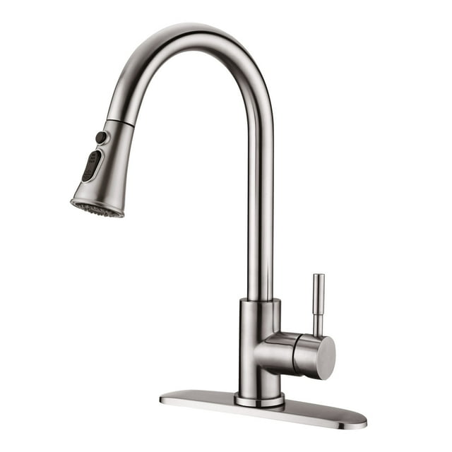 Robinet d'Évier de Cuisine à Bec Rétractable à une Seule Poignée avec Plaque de Comptoir Nickel Brossé