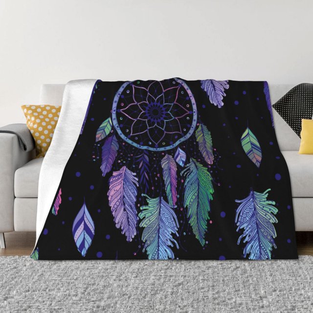 Balery Dreamcatcher With Colorful Feathers Manta de Franela con Dibujo, Lujo Ultra Suave y Cálido, Antipelusa y Resistente a las Arrugas para Cama, Sofá, Camping -50"x40"