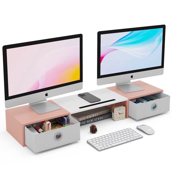 JAFUSI Dual Monitor Stand with Drawers for Desk, Monitor Stand Riser for 2 Monitors,Pink