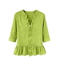 thumbnail image 6 of Yrmaups Women Plus Size 3/4 Sleeve Ruffle Blouse, Summer V Neck Button Down Casual Top, Office Daily Wear Soft Flowy Peplum Shirt, Mint Green 3XL, 6 of 6
