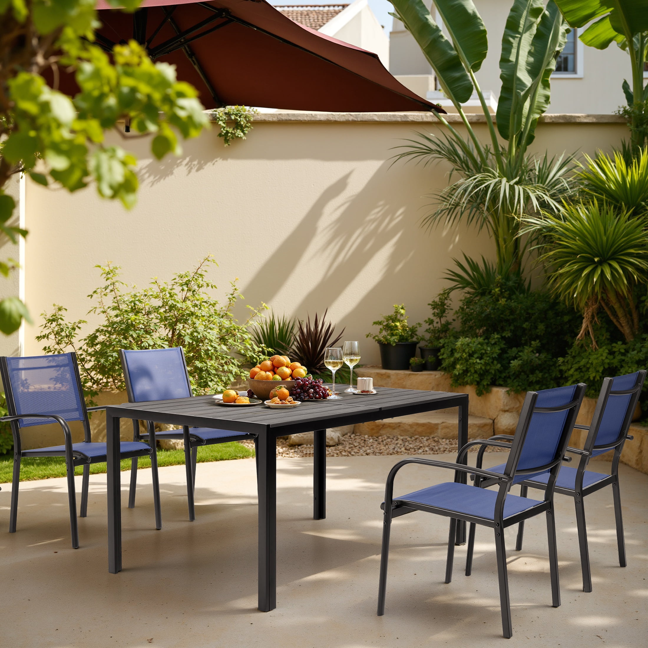 7 Piece Outdoor Dining Set, Patio Dining Table Set for 6 Persons, Garden Patio Textilene Dining Furniture Set with Plastic-Wood Tabletop, Dining Table Chairs Conversation Set for Deck Patio