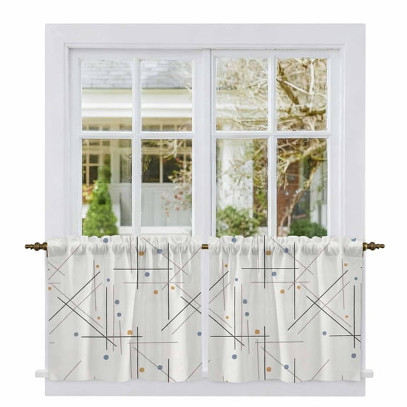 Modern Geometric Tier Curtains 36 Inch Length, Minimalist Lines Polka Dots Abstract Beige Cafe Short Curtains for Bathroom Over Sink, Small Kitchen Curtain Light Filtering Drapes 2 Panels 27.5"Wx36"L