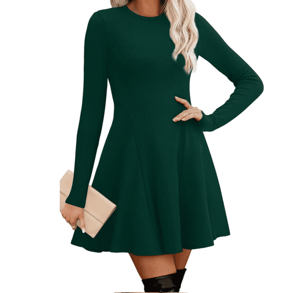 Sweater Dress for Women Fall Long Sleeve Crew Neck Ribbed Knit Fit and Flare A-Line Dresses