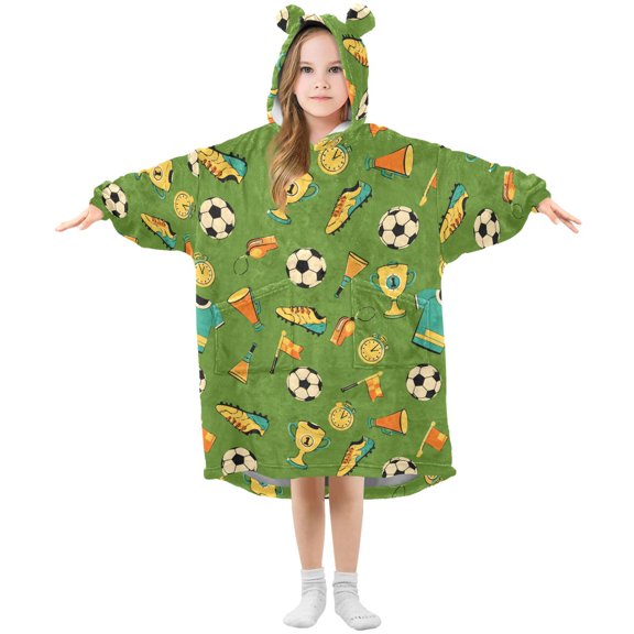 Football Match Pattern Wearable Blanket Hoodie Oversized Flannel Soft Warm Cozy 3-14 Age Small