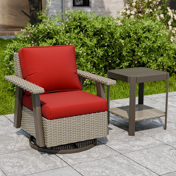 INTER HUT Serenity Retreat 2 PCS PE Wicker Outdoor Furniture Set, Patio Swivel Rocker Chair & Side Table, Beige/Red
