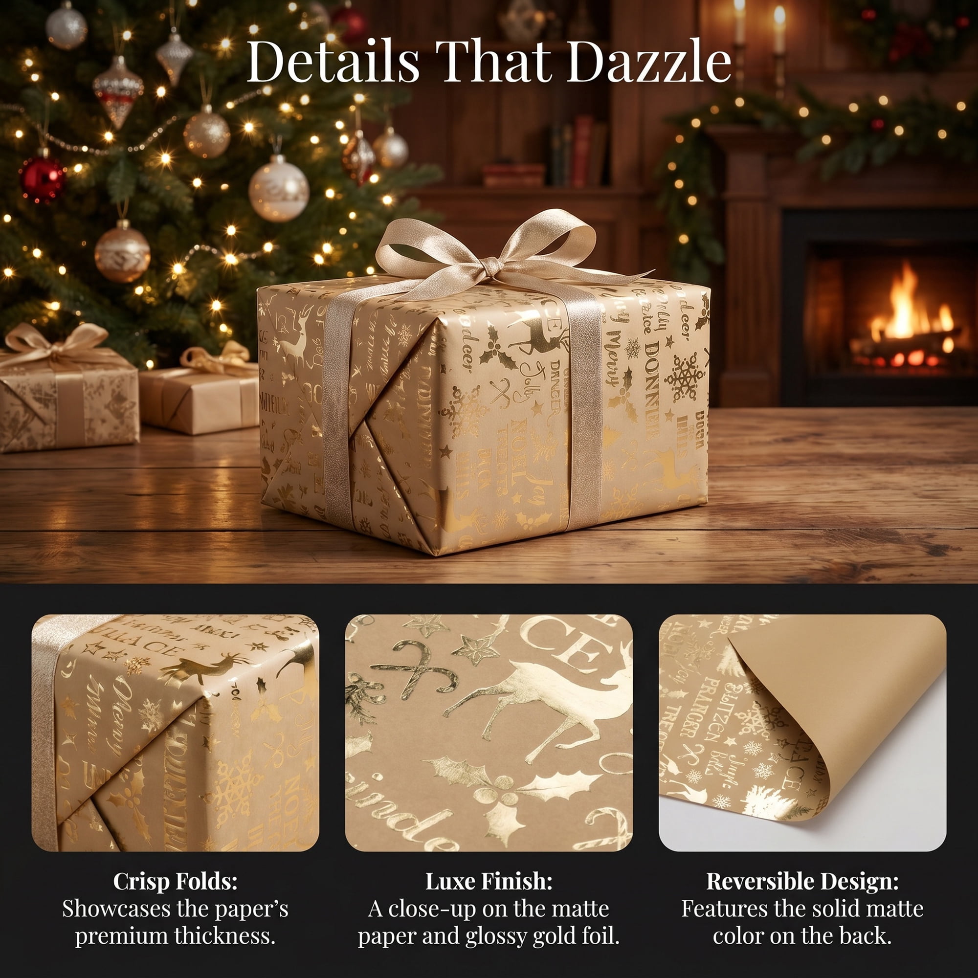 Unique Bargains Heavyweight Christmas Wrapping Paper for Gifts Letter Gold 27.6"x 19.7"
