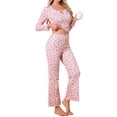 thumbnail image 4 of Conjuntos de pijama para mujeres INSPIRE CHIC con estampado de cerezas, blusa de cuello en V con volantes de manga larga y pantalones, ropa de casa de 2 piezas, S rosa, 4 of 5