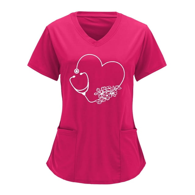Snoarin Summer Plus Size Tops for Women V-neck Solid Color Overalls Partial Positioning Printing Short Sleeve Working Uniform Tops Work Uniforms for Women on Clearance