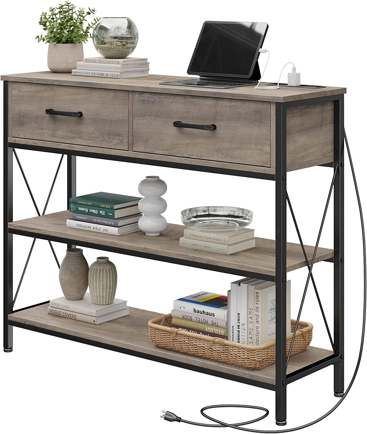 practical HITHOS Console Table with Outlets and USB Ports Industrial