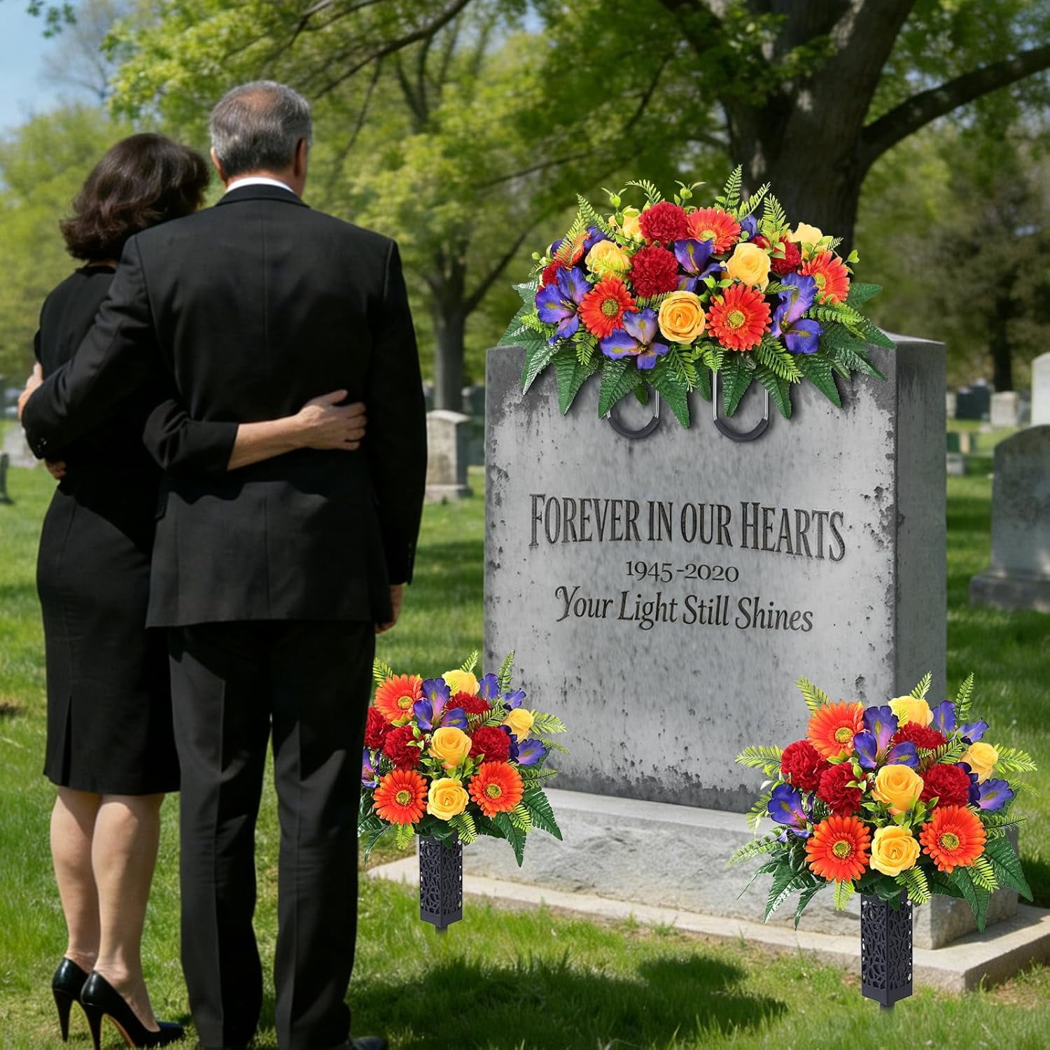 3 Sets Artificial Cemetery Flowers for Grave, Realistic Headstone Flower ,  Memorial Day Flowers, Mixed Blooms Grave Decorations for Cemetery (Colorful)