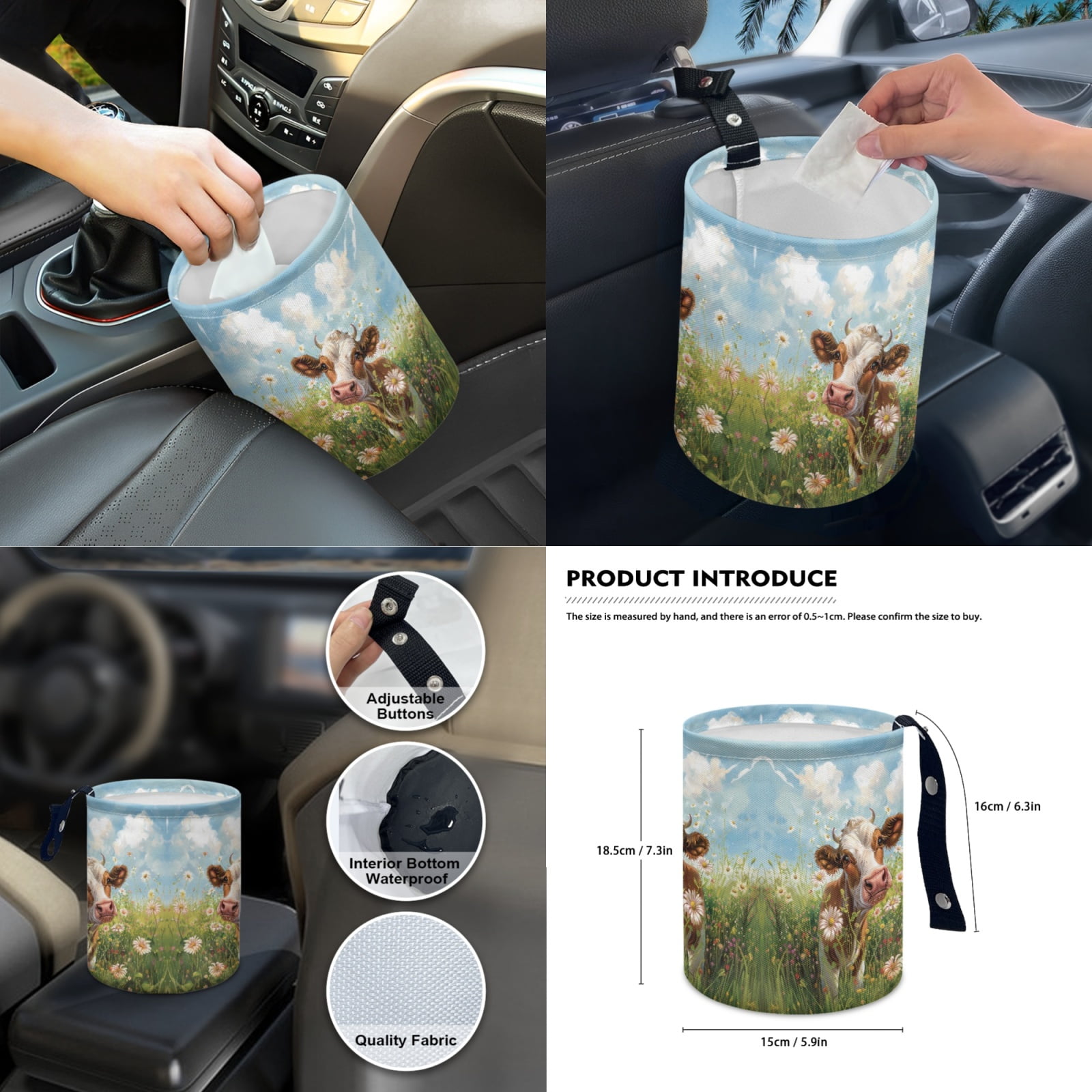 Jeiento Cow 14 PCS Car Seat Covers Set with Steering Wheel Cover Seat Belt Pads Garbage Bag Armrest Seat Box Cover Handbrake Cover Set Rear View Mirror Protector Coasters Interior Auto Accessory