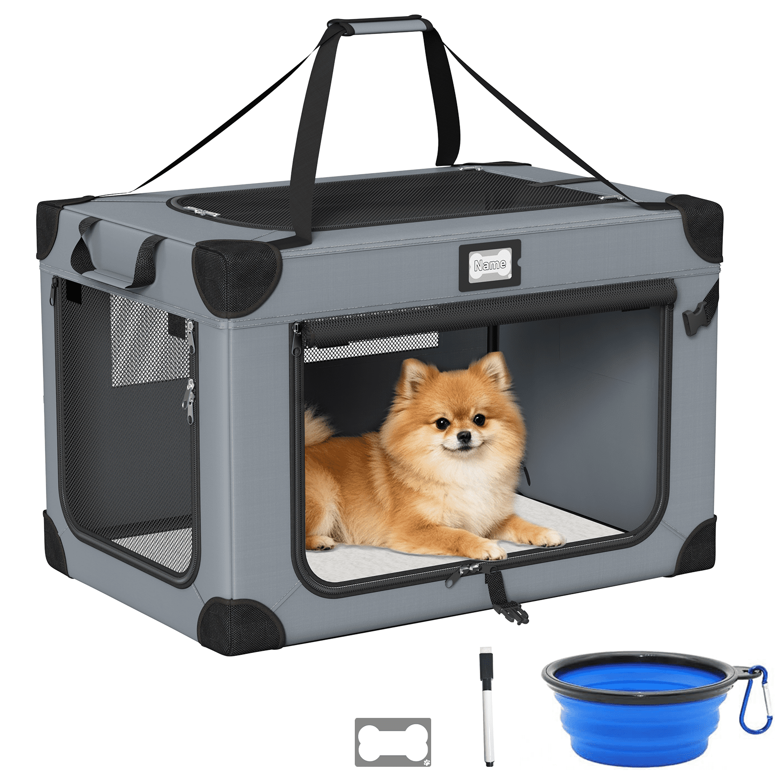 24in Collapsible Dog Crate, Portable Soft Travel Dog Crate with Bowl, Foldable Pet Kennel Carrier, with Signature Card and Pen, Gray