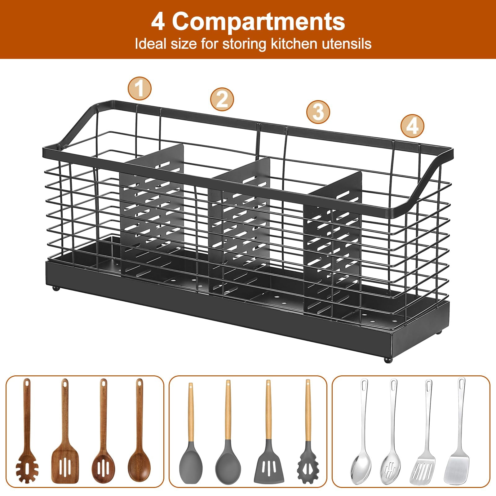 Samhe Utensil Holder for Kitchen Counter, Wall-Mounted Cooking Utensil Organizer with 4 Compartments for Spoons, Forks, Knives