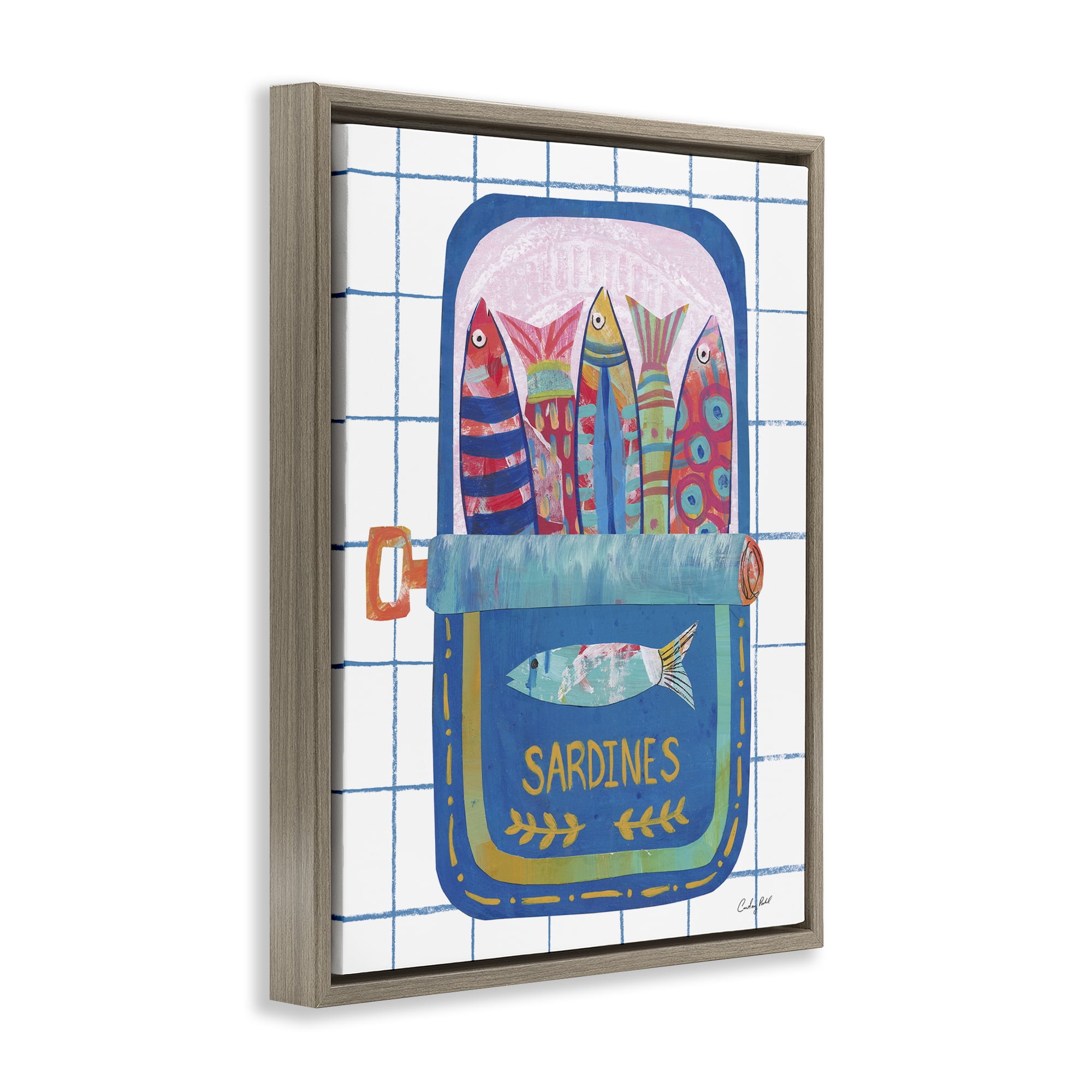 Stupell Industries Silly Sardines Blue Tin Brown Framed Floater Canvas Wall Art, design by Courtney Prahl