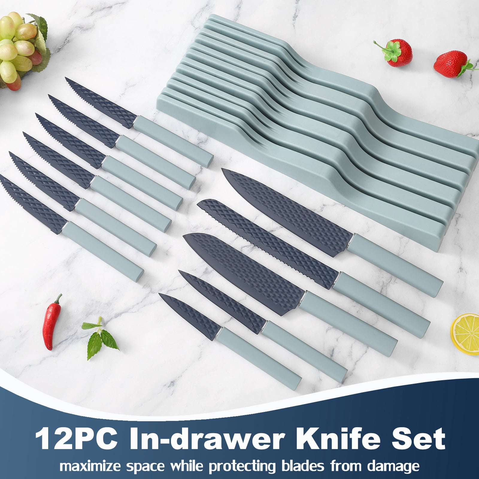 In-Drawer Kitchen Knife Set, 12 Pieces Knife Block Set with In-Drawer Knife Organizer, Sharp & Non-stick Stainless Steel Chef Knife Set, Kitchen Knives Set for Kitchen Home Apartment