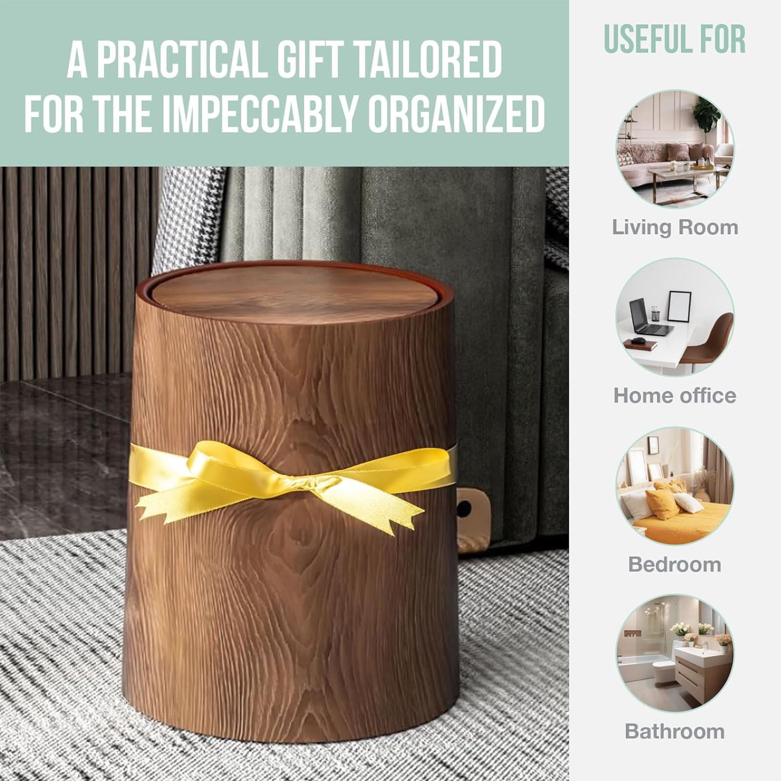 12L Walnut Brown Wood Grain Bathroom Garbage Can with Swing Top Lid, Can with Lid,Rotating Design, Detachable Inner Bin, Minimalist Diaper Can, Dustbin for Office (Brown 12L New)