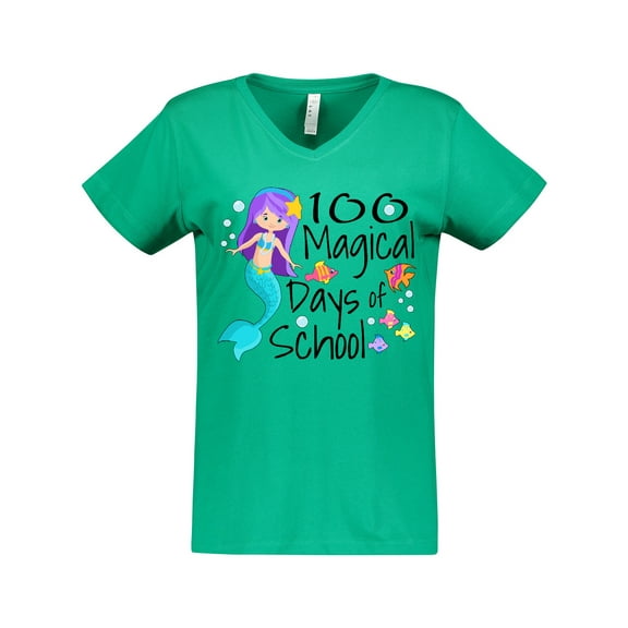 Inktastic 100 Magical Days of School with Blue Mermaid and Fish Women's V-Neck T-Shirt