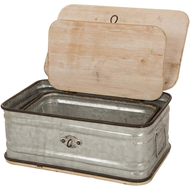 Set/2 Farmhouse Metal Storage Nesting Boxes with Wooden Lids Galvanized  Storage Chests Small and Large