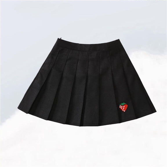 Girls Cotton Pleated Skirt - Elastic Waist Embroidered Strawberry Design, Black, 3-11 Years Breathable Casual School Daily Wear,Size 3 T