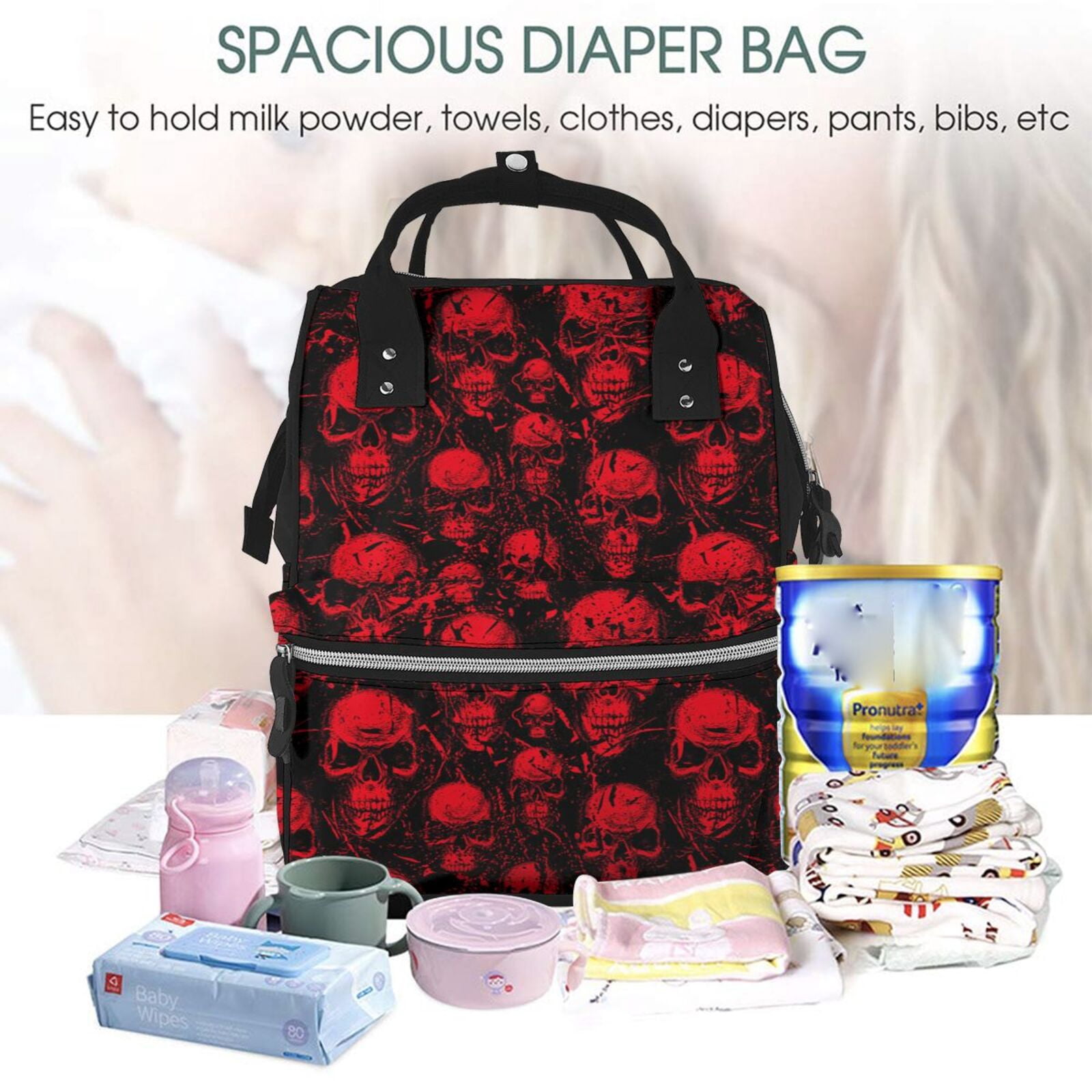 Xecao Red Skulls print Large Capacity Nappy Bag is a multi-functional waterproof travel backpack, perfect as a nursing bag or mummy backpack for women