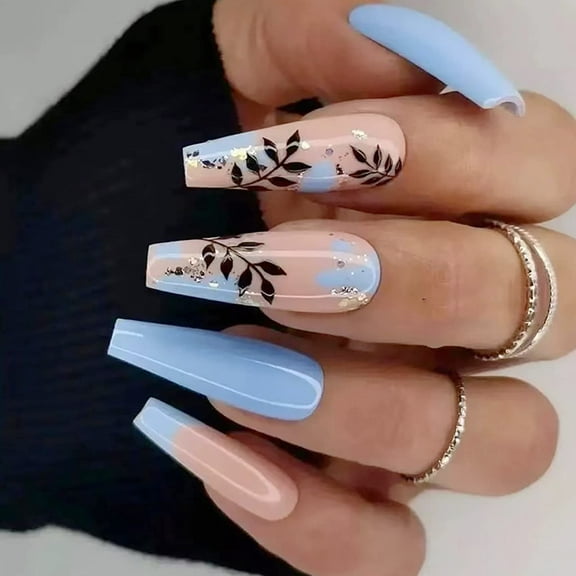 24Pcs Coffin Press on Nails Long French Fake Nails Glossy Acrylic Full Cover Glue on Nails Blue False Nails with Leaf Pattern Desgins for Women and Girl Style 4 Large