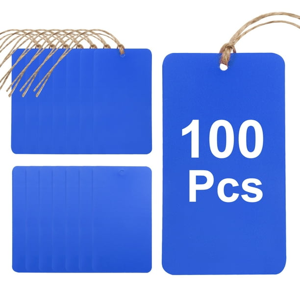 100 Piezas Etiquetas de Envío de Plástico Azul, 3.5" x 2" Etiquetas Impermeables con Hilo y Alambre para Garaje, Etiqueta de Inventario