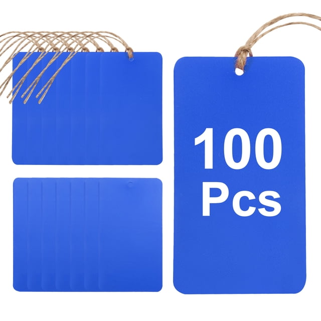 100 Piezas Etiquetas de Envío de Plástico Azul, 3.5" x 2" Etiquetas Impermeables con Hilo y Alambre para Garaje, Etiqueta de Inventario