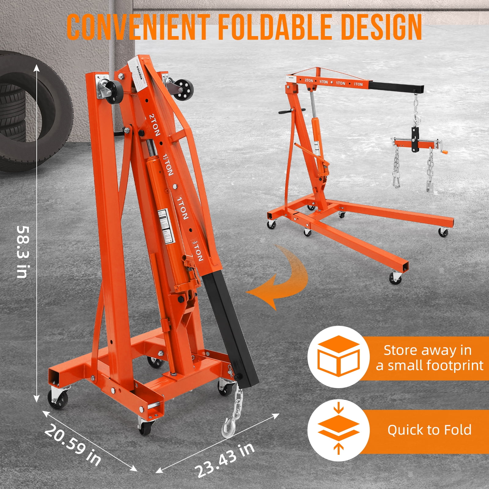 Towallmark Folding Engine Hoist, Cherry Picker with Lever and 6 Casters,Heavy Duty Hydraulic Shop Crane, 2 Ton Max, Orange