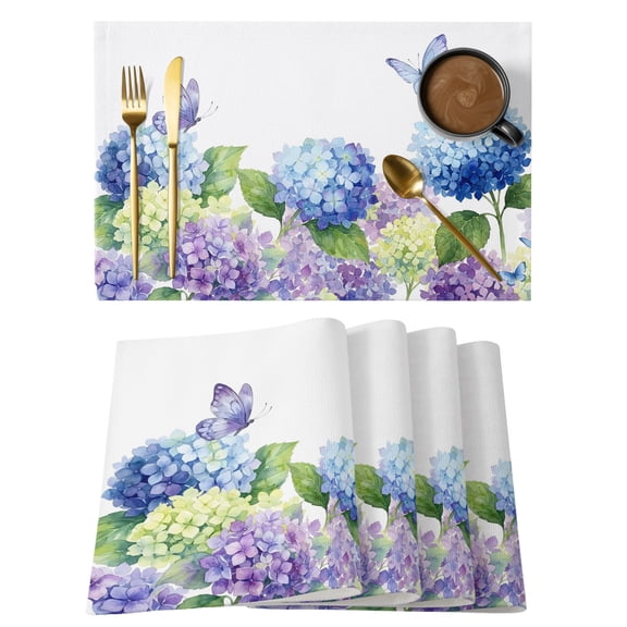 Blue Purple Hydrangea Placemats Set of 1, Summer Watercolor Floral Butterfly Non-Slip Place Mats Washable Table Mats for Kitchen Dining Table Decorations Indoor/Outdoor