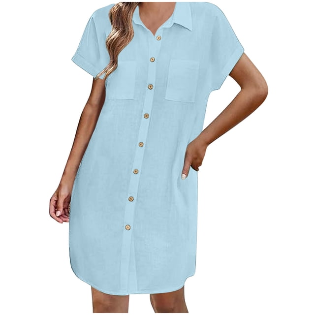Women's Linen Shirt Dress, Short Sleeve, Button Down, Mini Length, Casual Summer Dress